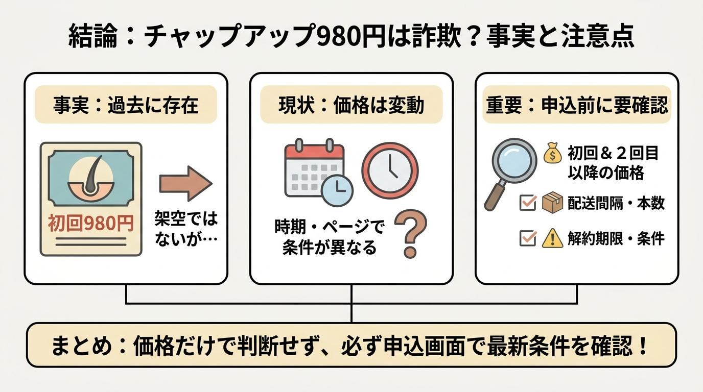 チャップアップ980円は詐欺かの結論、事実と注意点をまとめた図解