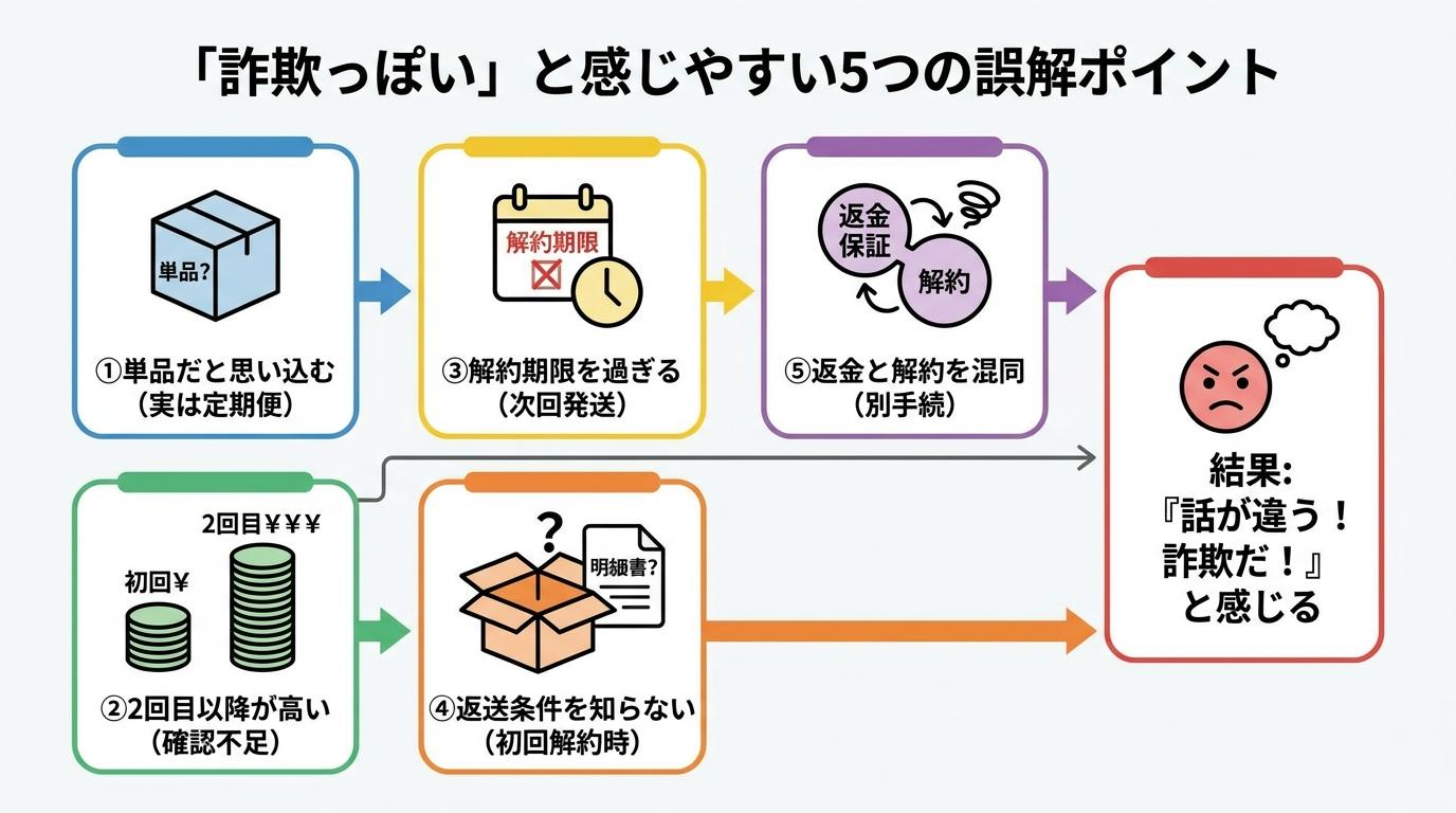 「詐欺っぽい」と感じやすい5つの誤解ポイントの図解