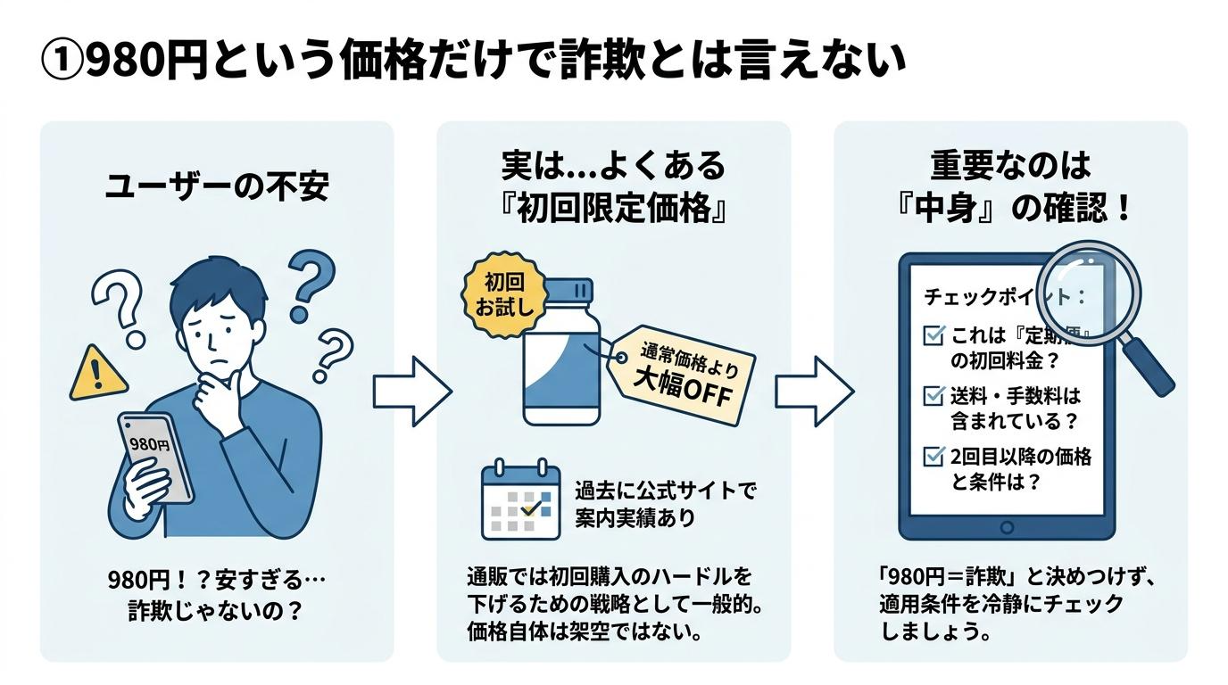 980円という価格だけで詐欺とは言えない理由の図解