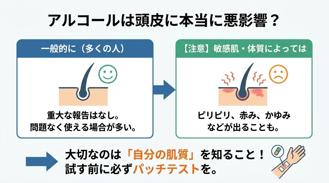 アルコールが頭皮に与える影響を一般的な場合と敏感肌の場合で比較した図解