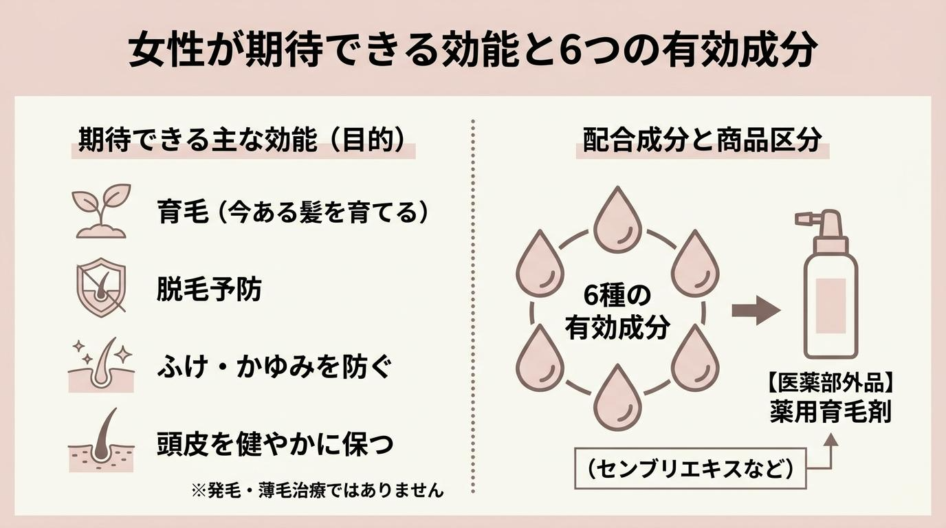 女性が期待できる効能と6つの有効成分の図解