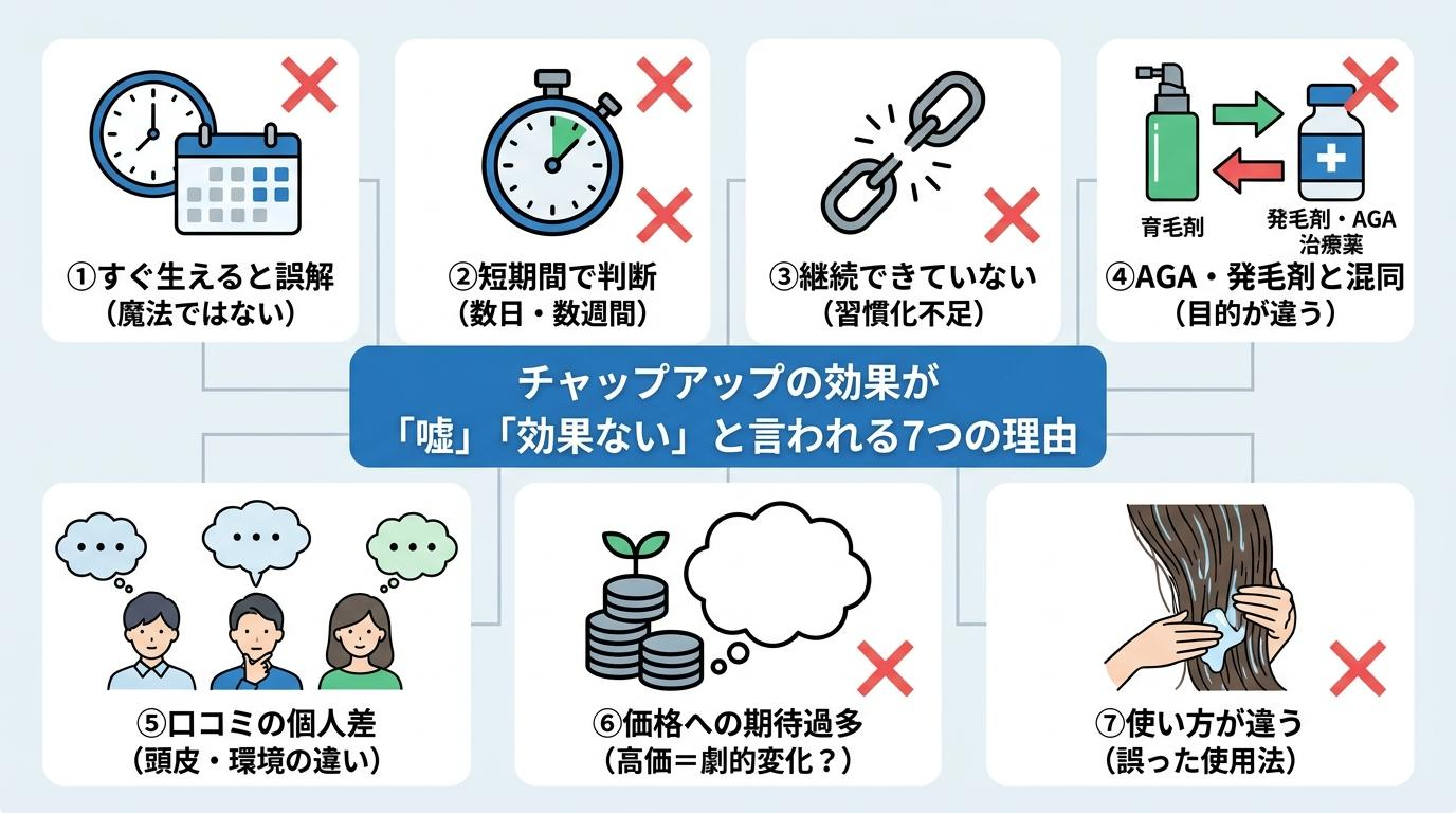 チャップアップの効果が嘘・効果ないと言われる7つの理由の図解