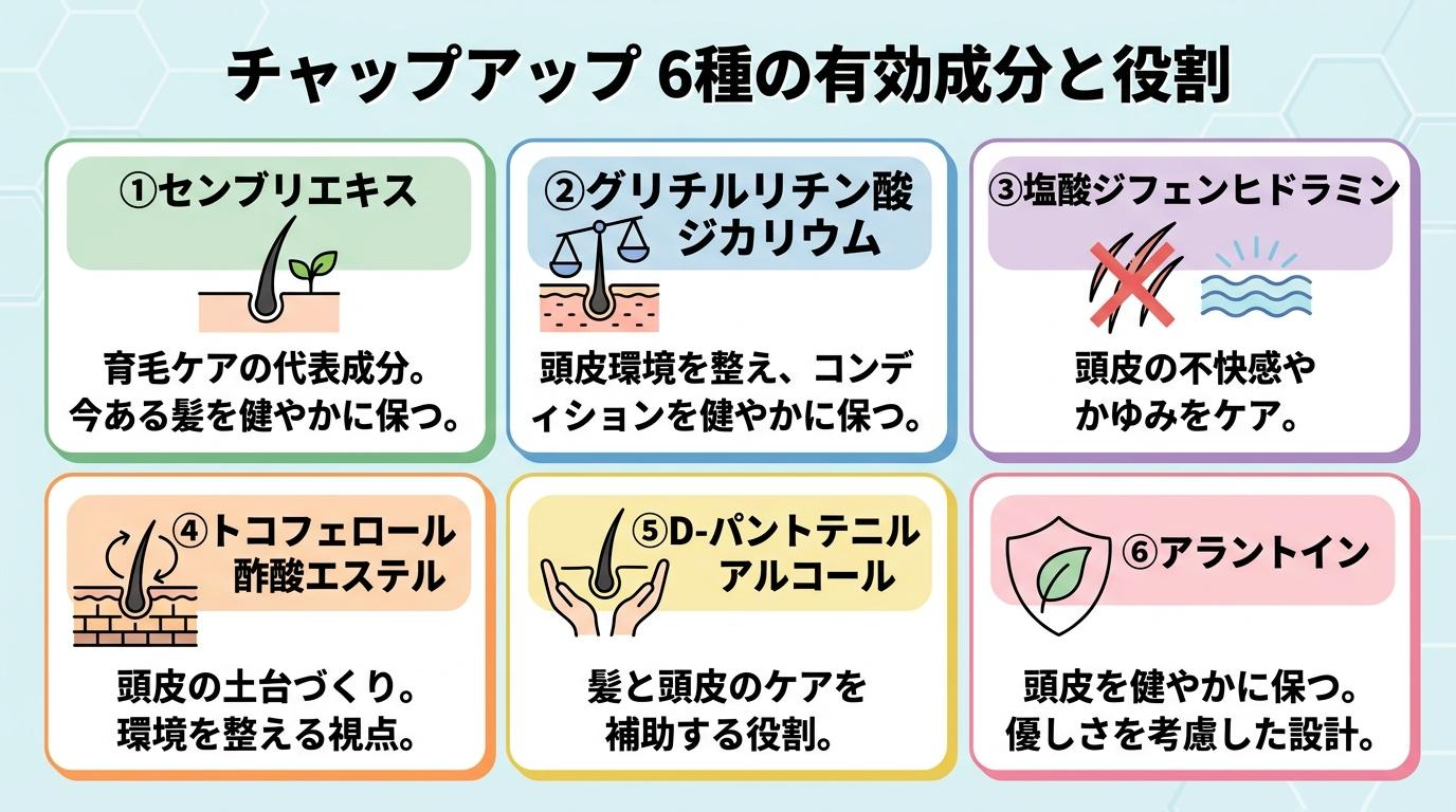 チャップアップ6種の有効成分と役割の図解