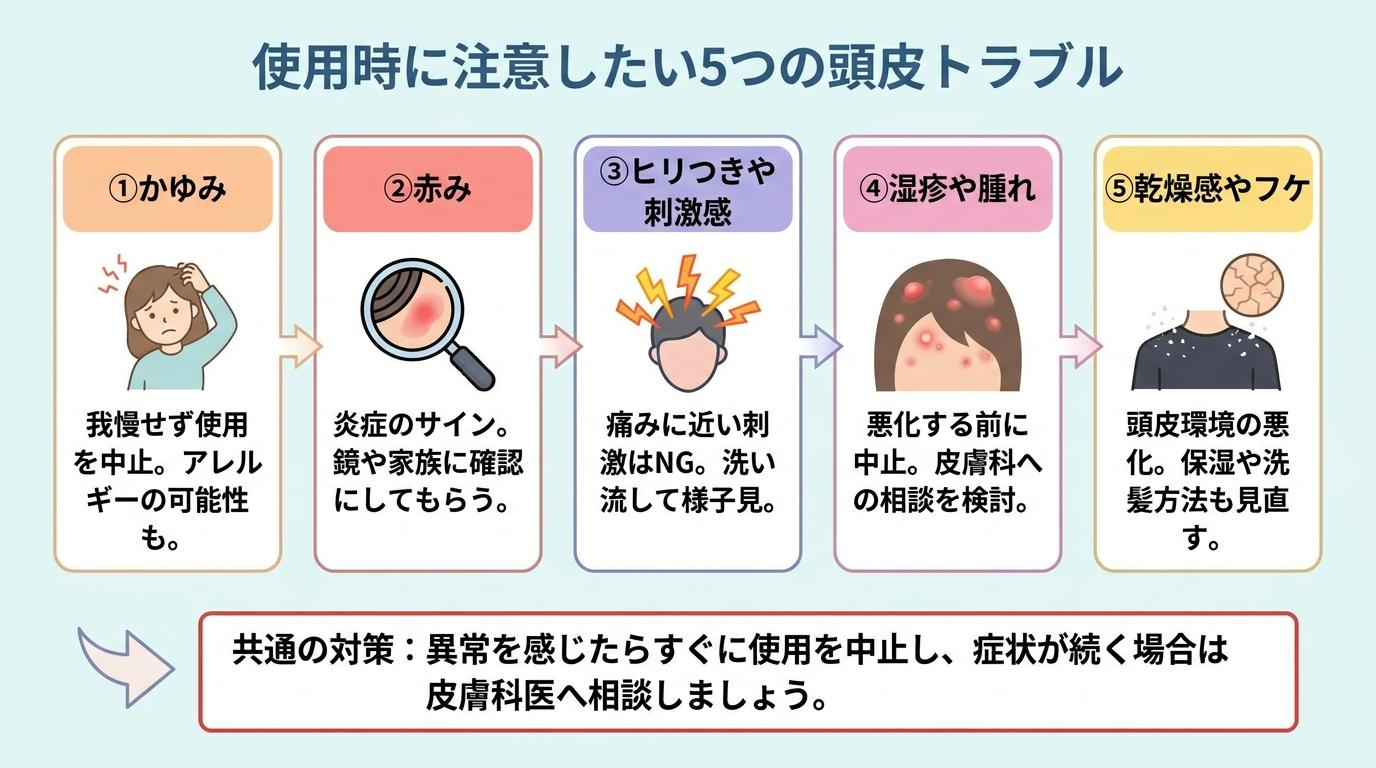 使用時に注意したい5つの頭皮トラブルの図解